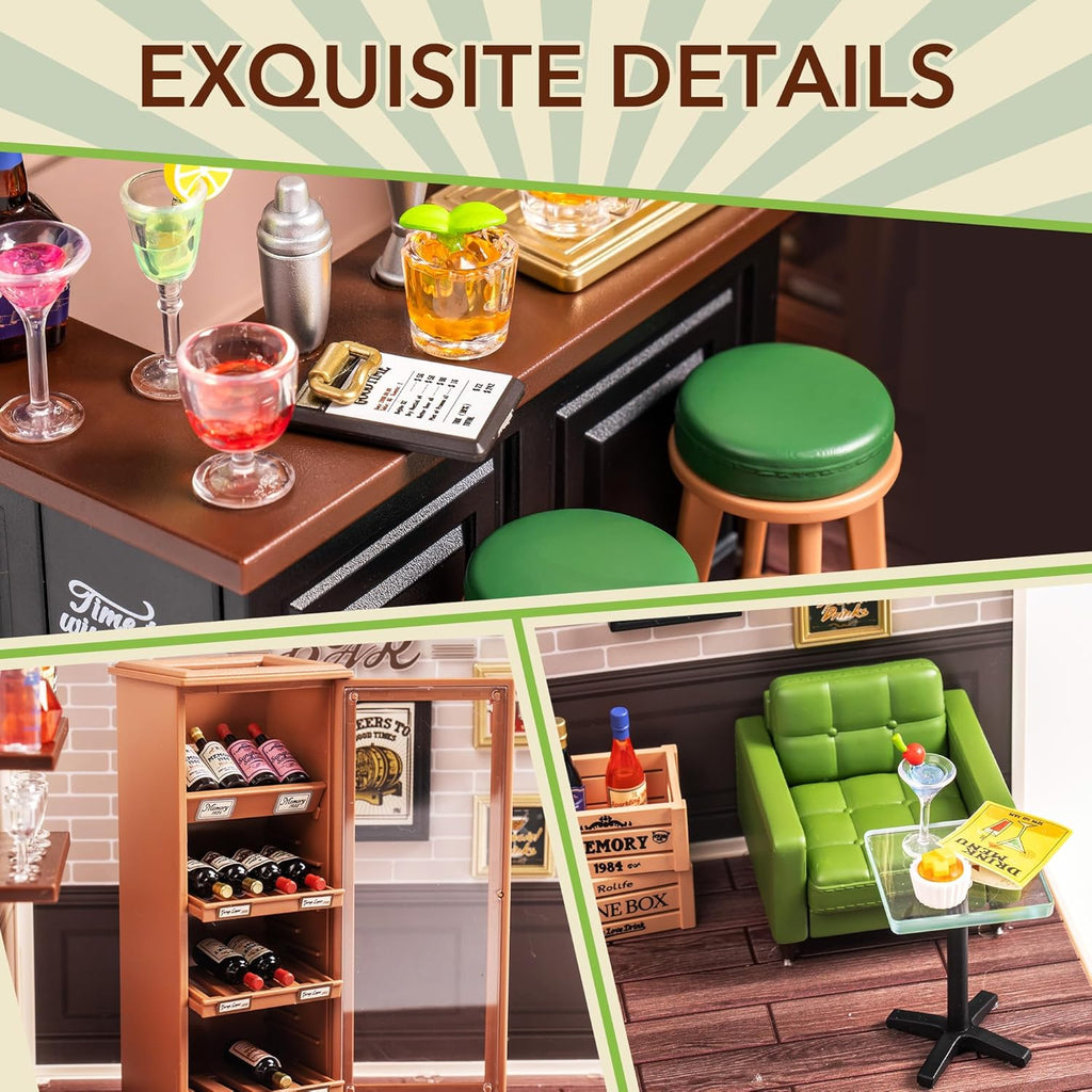 ROBOTIME DIY Miniature House Kit, Dollhouse Model Building Craft Kit With LED For Adults And Kids, Birthday Gift - Bar DW012